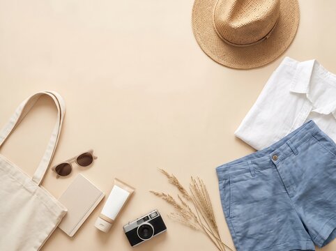 Summer vacation travel essentials on beige background