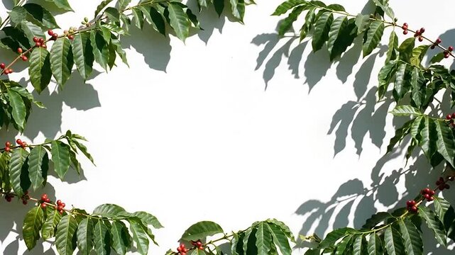 Coffee branches with ripe red cherries framing a plain white wall surface