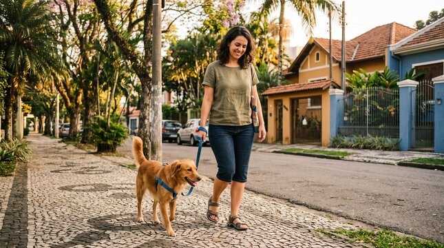 Mulher caminhando com cachorro em cal&ccedil;ada tranquila no fim da tarde, registro natural do cotidiano para campanhas de pets, bem-estar, lazer e vida urbana