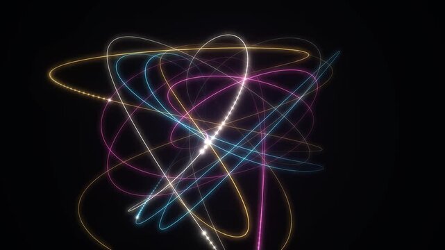 Abstract light trails in neon colors forming a dynamic sphere on a black background representing data flow or energy