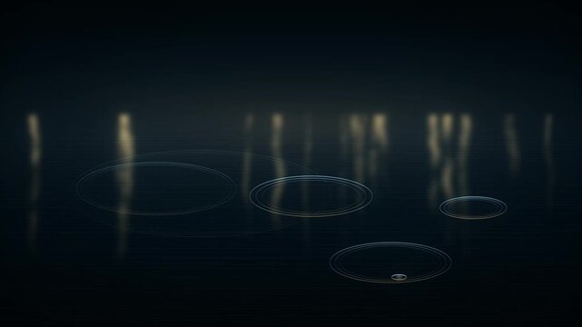 Abstract video clip showing ripples and bubbles forming on a dark reflective surface with blurred light reflections in the background