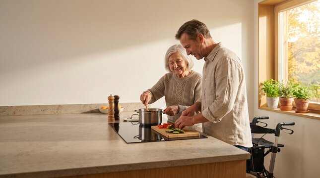Senior Woman and Adult Son Cooking Healthy Meal Together at Kitchen Island with Mobility Walker