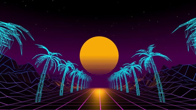 Retro synthwave neon grid road moves past glowing cyan wireframe palm trees toward a striped sunset in a seamless 80s 3D loop animation