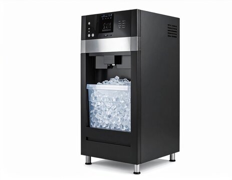 Black commercial ice maker machine with digital display and transparent bin full of ice cubes, isolated on white background.
