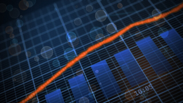 Diagonal Perspective Financial Bar Graph with Ascending Orange Line