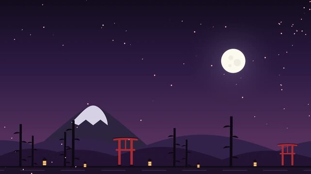 Minimalist flat vector illustration of Japanese night landscape with Mount Fuji torii gates full moon and starry sky