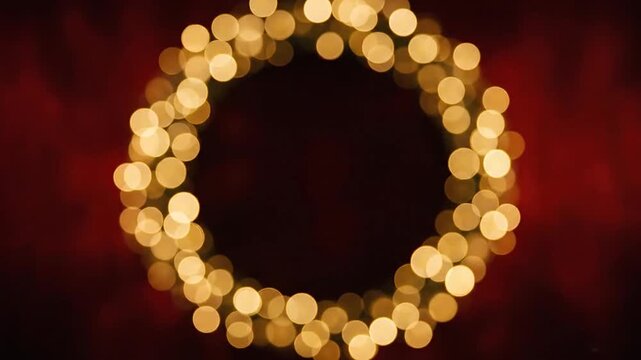 Golden bokeh lights circular wreath on red background
