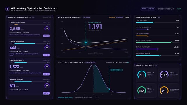 Explore the AI Inventory Optimization Dashboard featuring reorder quantities and safety stock recommendations with a dark mode aesthetic and dynamic data visualizations.