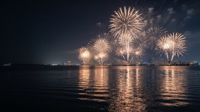 Golden fireworks exploding over a calm city waterfront at night