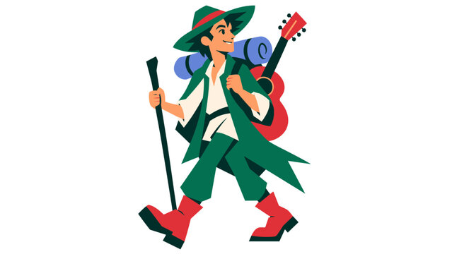 Traveler walking with a guitar and walking stick