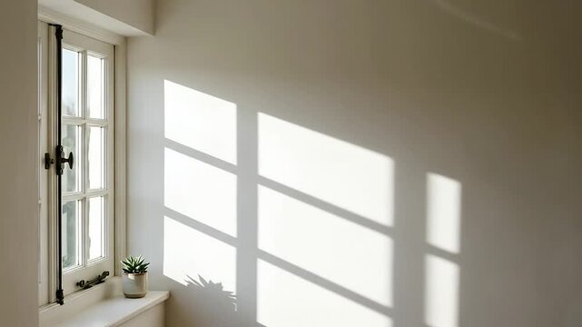Sunlight casting geometric window shadows on a white interior wall with a small potted plant on the sill