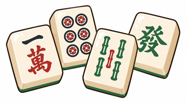 白背景に置かれた麻雀牌「一萬」「五筒」「八索」「發」のイラスト