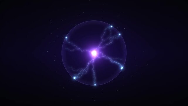 Abstract glowing purple sphere with electrical discharges and particles in dark space