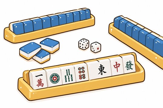 麻雀牌とサイコロが並べられた麻雀ゲームの準備が整った状態のイラスト