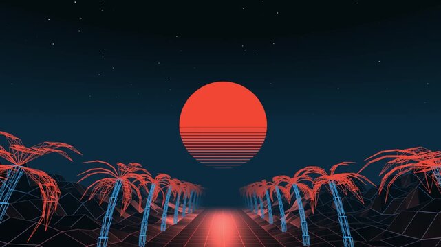Futuristic synthwave road advances between wireframe palm trees toward a striped red neon sun in a retro 3D animation
