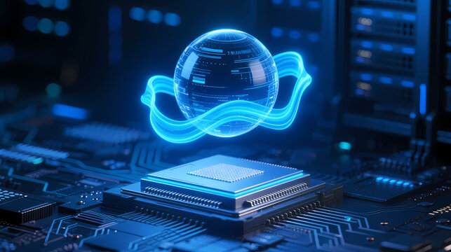 Holographic blue globe above processor chip