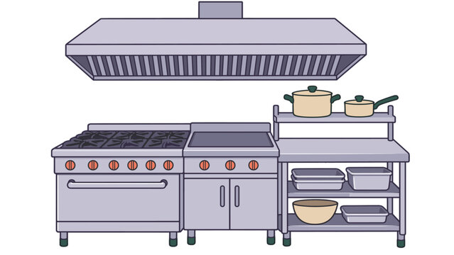 Commercial kitchen range with hood and side prep shelves