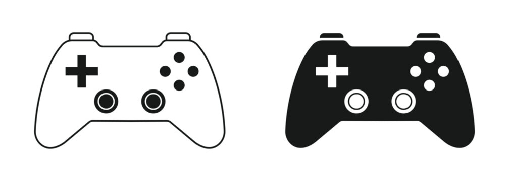 Gamepad controller icon set featuring outline line art and solid glyph vector variations for gaming interface designs
