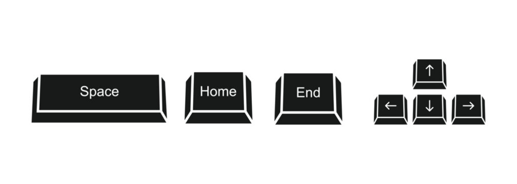 Computer keyboard shortcut keys solid glyph icon set featuring escape enter backspace shift control alt tab and delete buttons