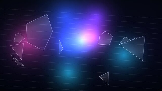 Abstract geometric shapes in motion with neon light effects and grid background