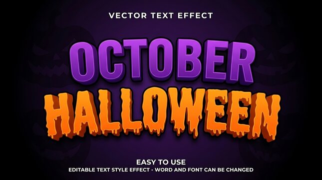 Dynamic October Halloween text effect with melting orange letters and purple highlights on dark background featuring jack-o'-lanterns.