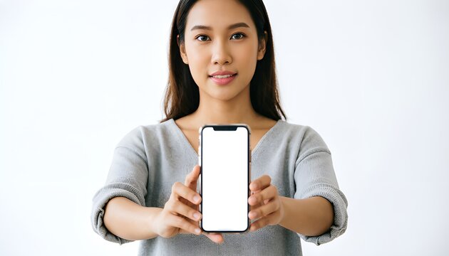 Woman Holding Blank Smartphone Screen for Mobile Advertising and Digital Marketing