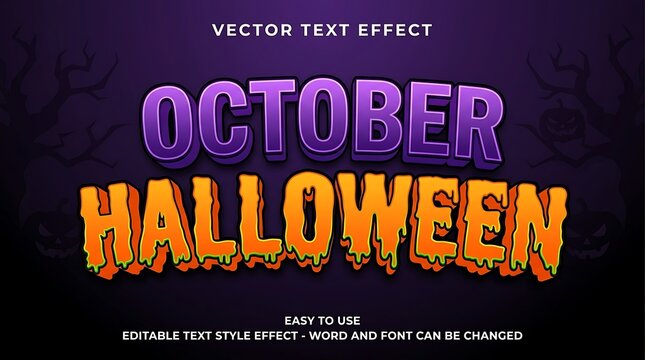 vector text effect for october halloween lettering with spooky purple and orange drip design for holiday decoration.