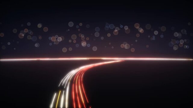 Abstract light trails on a highway at night with bokeh lights in the sky representing a futuristic cityscape or starry night