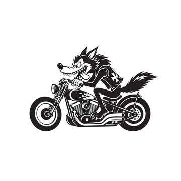 Cool biker groovy wolf character riding a chopper motorcycle vector illustration, retro tattoo flash design