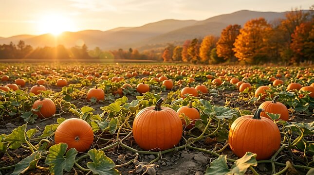 Vast pumpkin patch field at sunset with vibrant orange pumpkins and lush green vines bathed in golden light, capturing autumn harvest and fall season beauty.