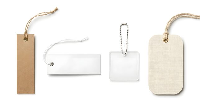 Set of blank paper and plastic retail tags with string fasteners for product labeling and branding