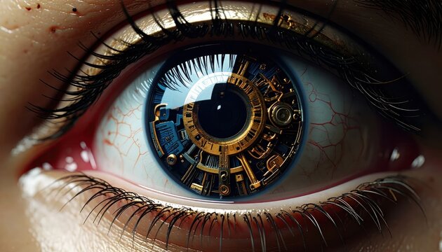 Detailed bionic eye with mechanical gold gear structure iris.