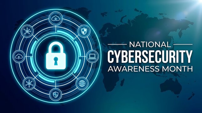 Abstract digital lock icon on world map background promotes cybersecurity awareness month emphasizing global data protection and online security efforts.
