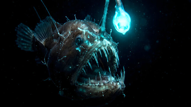 Deep sea anglerfish with glowing bioluminescent lure in pitch black water