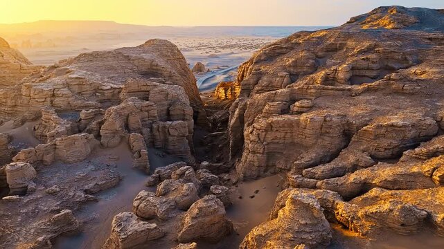 Golden sunlight illuminates dramatic yardang rock formations in the Dahaidao desert landscape during sunset.