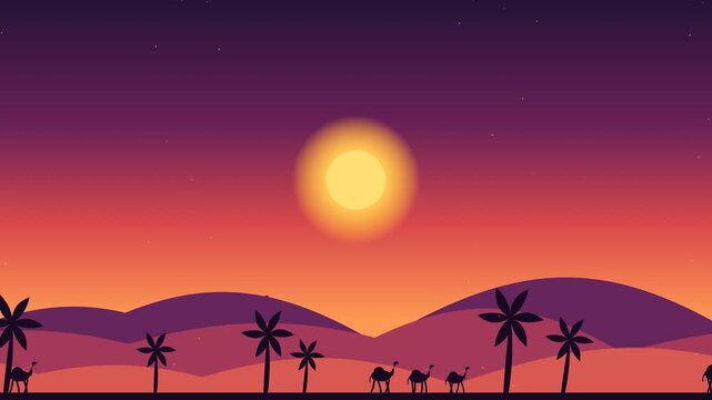 Desert caravan of camels walking among palm trees under a vibrant orange and purple sunset sky with glowing sun