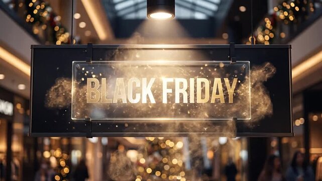 Golden black friday text glowing on hanging sign inside shopping mall