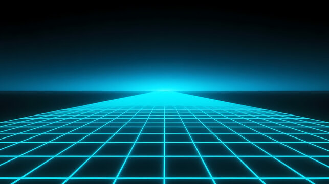 Blue neon grid extending into black void