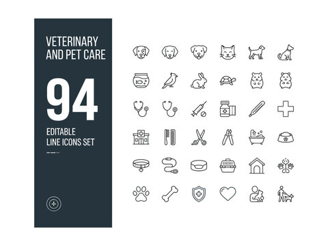 Set of 94 line icons related to pet, care, veterinary, vet, healthcare. Outline icon collection. Linear animals symbols. Editable stroke. Vector illustration

