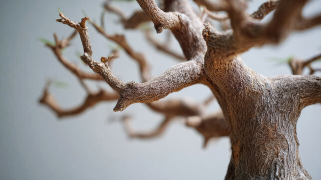 Detailed close view of a gnarled bare tree trunk and twisting branches with textured bark against a softly blurred pale background, sculptural natural form