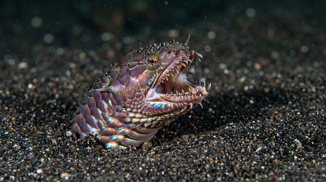 Lizardfish buried in dark volcanic sand waiting for prey