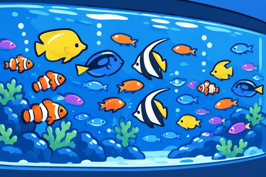 熱帯魚が群れ泳ぐカラフルな水槽の水中景観イラスト