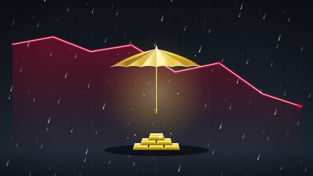 Golden Umbrella Protecting Gold Bars During Financial Market Crash, 4K Motion Graphic Animation of Economic Crisis Protection and Wealth Preservation