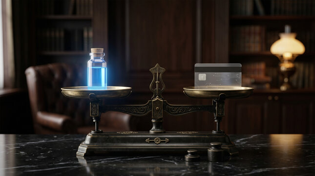 Vintage balance scale holding glowing medical vial and transparent card.