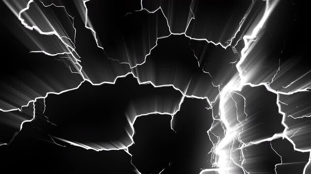 White lightning cracks spreading across black screen, monochrome electric VJ loop for transitions and overlays