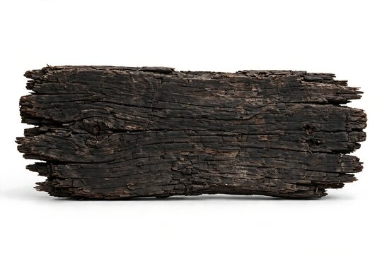 A single piece of weathered and dark charred wood isolated on a white background