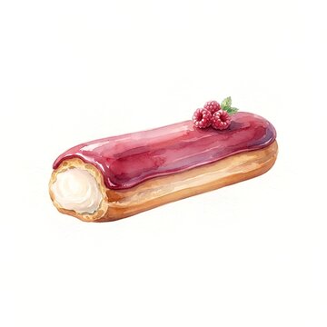 Watercolor raspberry eclair with glossy pink glaze, cream filling and fresh raspberries with mint