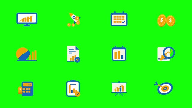 Flat Animated Business and Finance Icon Set on Green Screen Chroma Key, 4K Motion Graphic Animation of Charts, Rocket, and Money for Corporate Presentation and Commercial Video Project