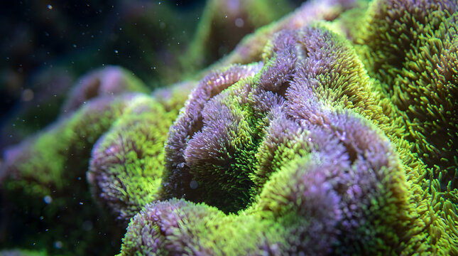 Colorful brain coral with glowing neon tissue underwater