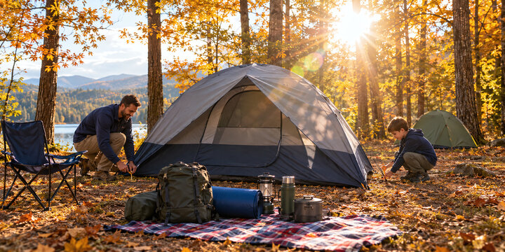 Two campers setting up a gray tent in sunny autumn forest with golden fall leaves, backpacks, cooler and picnic blanket, peaceful outdoor camping adventure in nature
